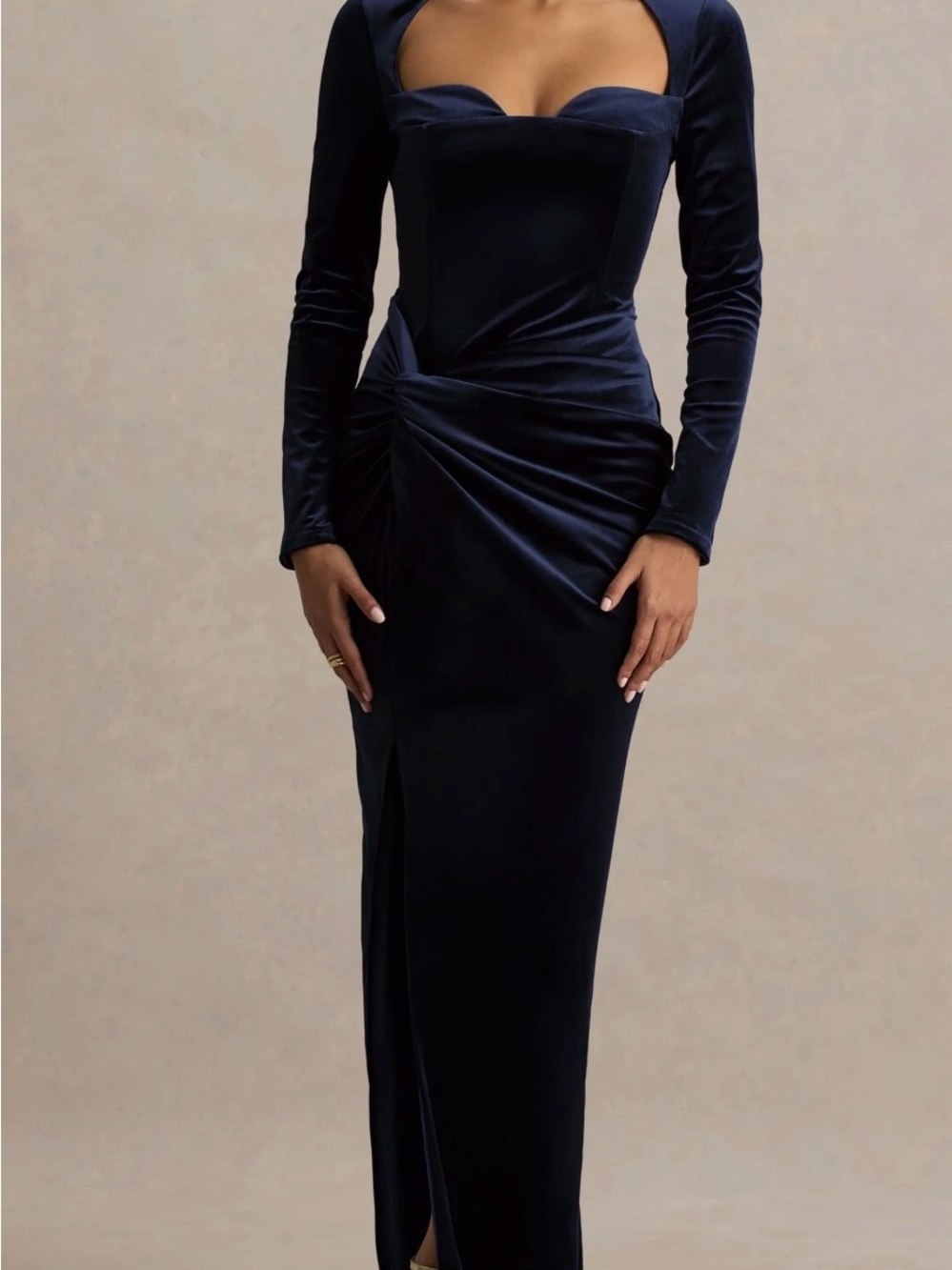 Club L London Navy Velvet Ruched Long Sleeve Maxi Dress